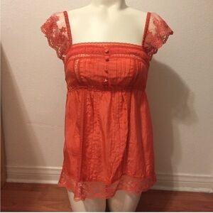 Beautiful 100% Silk Lace Orange babydoll Top Small